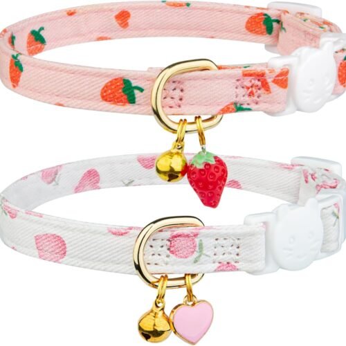 Cotton Cat Collars, Strawberry Heart Print, Breakaway, with Bell Pendants