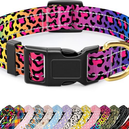 Reflective Dog Collar, Neon Leopard Print, Breathable Nylon