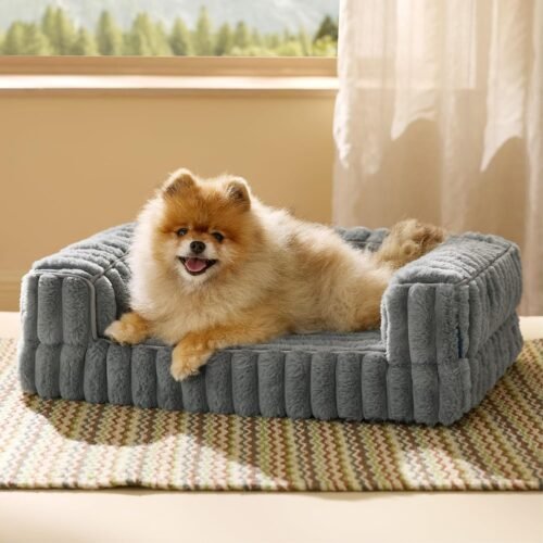 Grey corduroy sofa-style pet bed